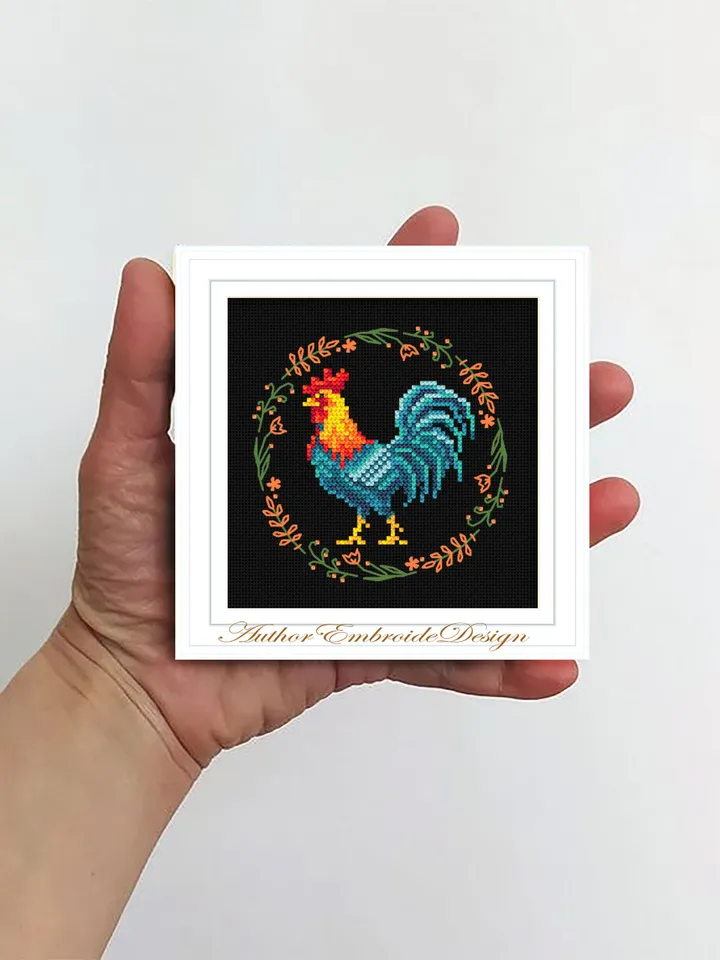 Rooster cross stitch pattern PDF download Floral chicken cross stitch chart Farm bird embroidery Mini Cock, Rooster pattern digital PDF #K33