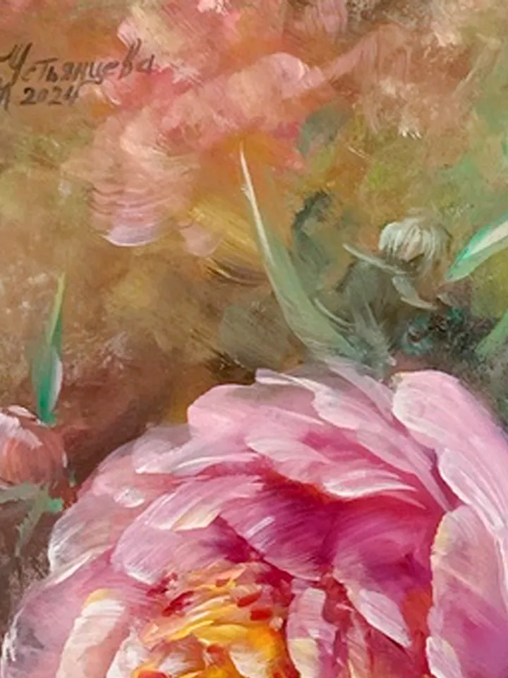 Peonies, flowers, oil painting on cardboard