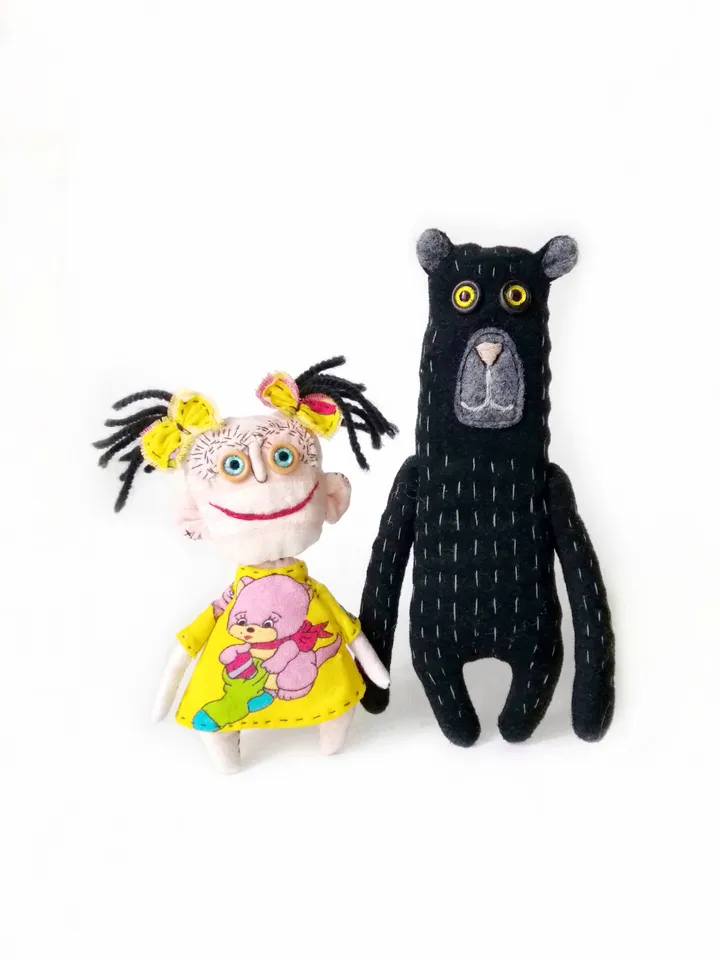 Artistic Handmade Dolls: Girl and Bear, Spooky Funny Fabric Interior Toys: One-of-a-Kind Unique Dolls, Weird and Ugly. FREE SHIPPING!