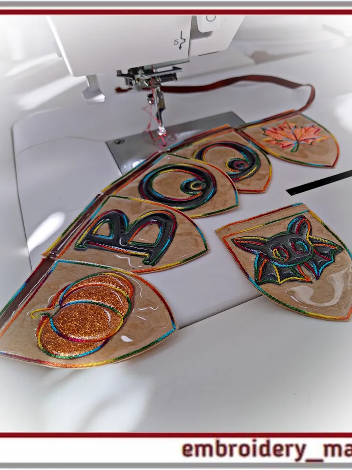 Set of In The Hoop designs pendants with ‘BOO’ maple leaf pumpkin bat embroidery Applique
