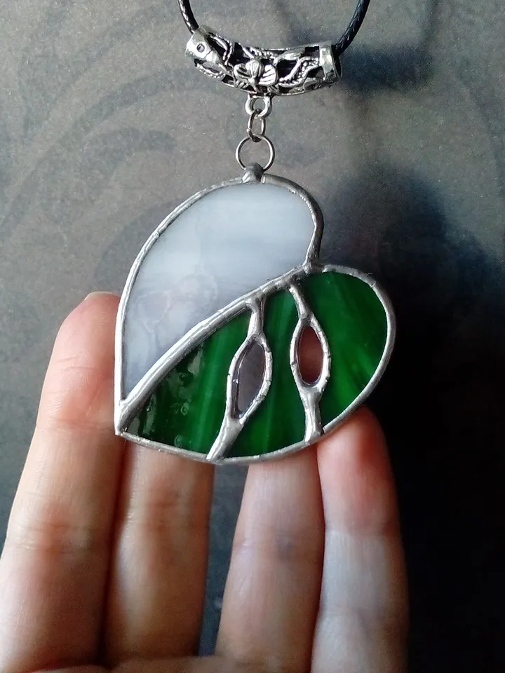 Stained glass monstera albo necklace, Monstera plant leaf pendant, Nature stained glass, Glass jewelry