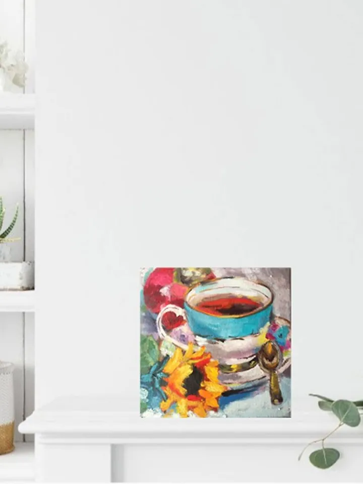Teacup Oil Painting Sunflower Artwork Tea Painting 20 by 20 cm Floral Wall Art