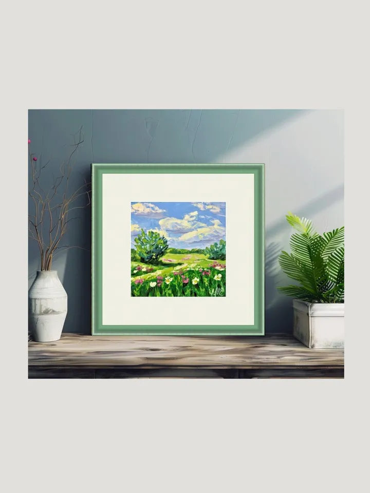 Original Oil Painting Green Field with Flowers and Blue Sky Palette Knife Art Blooming Meadow with Clouds on Blue Sky Mini Artwork