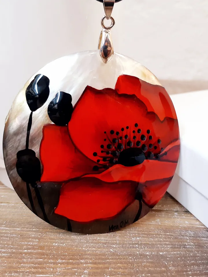 Nice pendant mother-of-pearl"Big red flower", miniature hand-painted, Russian jewelry, Hand paint necklace.miniature hand painted, gift