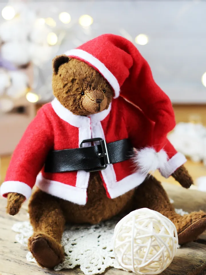 Artist Teddy bear interior toy in Santa Claus outfit, Mini bear artist teddy doll in vintage style, Ooak teddy bear