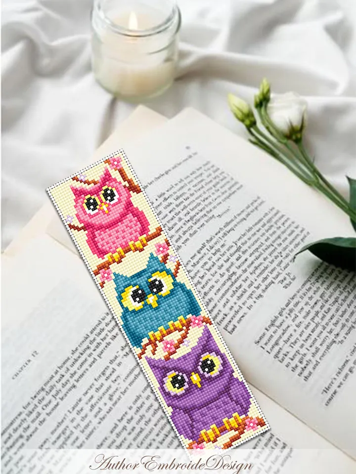 Owl bookmark cross stitch pattern PDF download Funny birds cross stitch chart, Cute bookmark pattern digital PDF, Book lover gift #B418