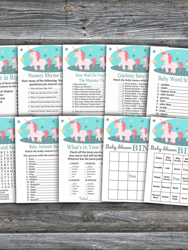 Unicorn baby shower games bundle,Unicorn Baby Shower games package,Fun Baby Shower Games,9 Printable Games-378