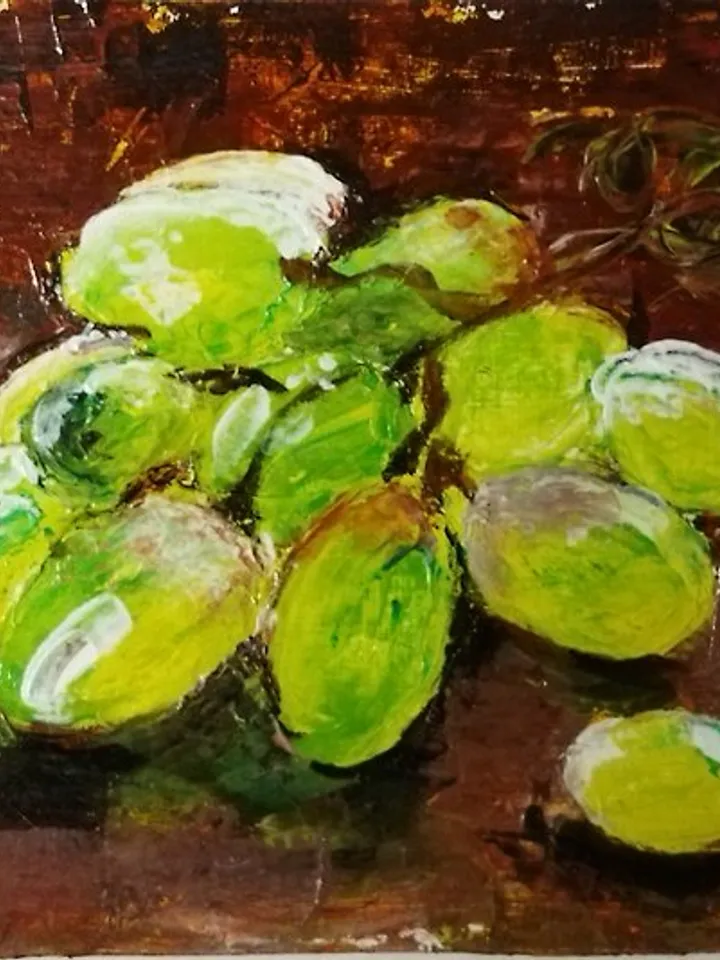 Green ripe grapes fruit berry small oil painting