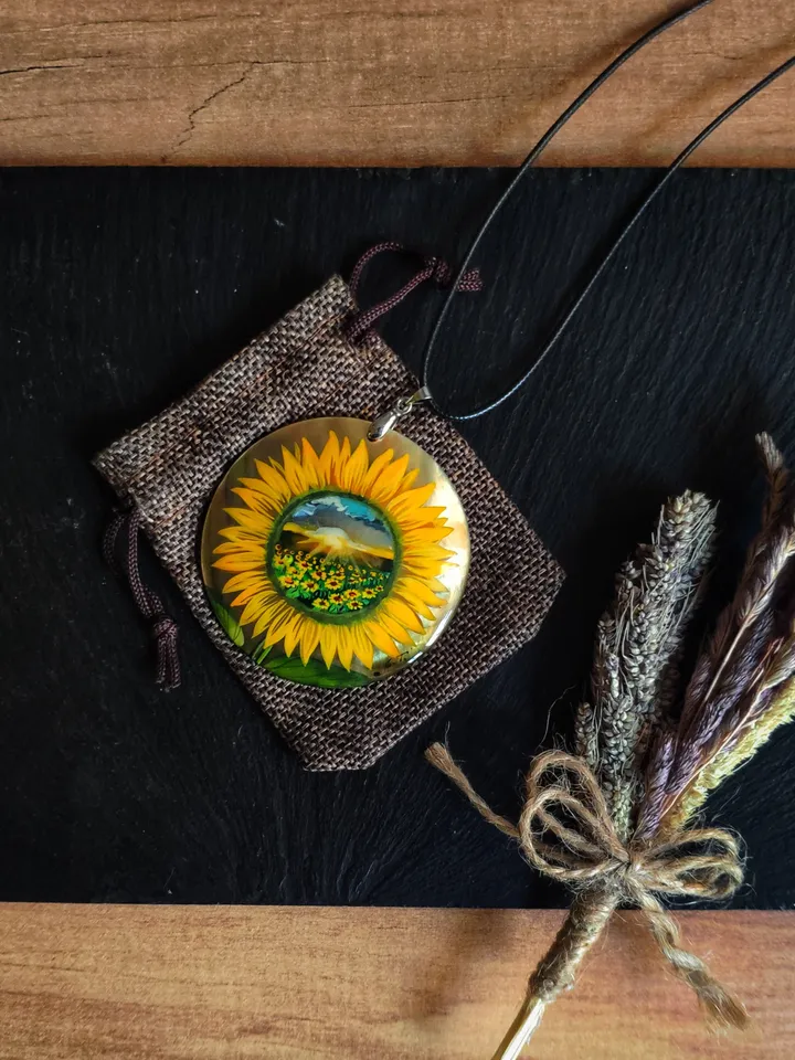 Pearl pendant necklace: Sunflower is a mirror of Life • Gorgeous hand painted floral pendant made on shell • Significant handmade jewelry