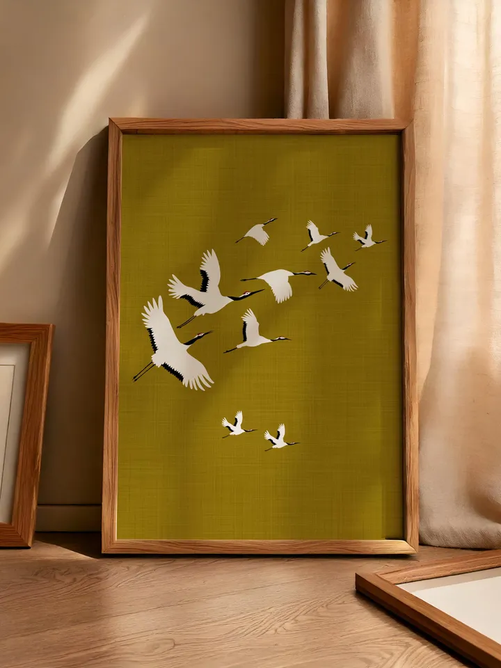 Olive Green Cranes Wall Art Digital Print Japanese Style Gold Accent Bird Poster Maximalist Decor Eclectic living Room Artwork Gift poster