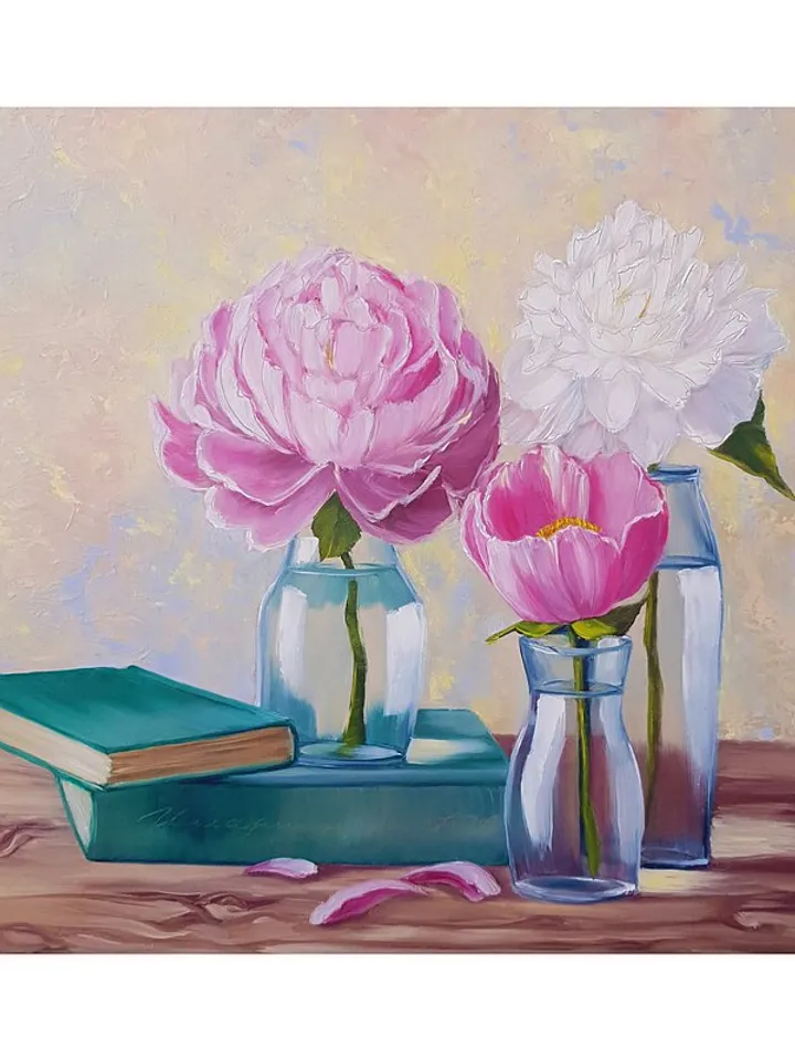 Books Painting Peony Original Art Flowers in Vase Still Life Art Oil Painting