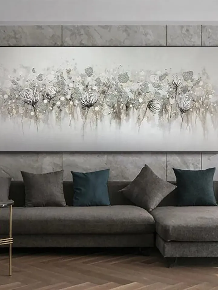 Abstract Blossom Floral Oil Painting on Canvas, Large Original Textured White Grey Poppy Bouquet Acrylic Painting Living Room Wall Art Decor