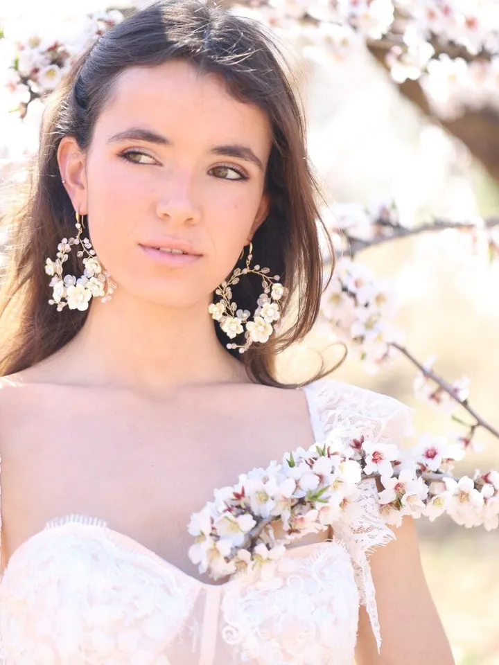 Porcelain Flowers Hoop Bridal Earrings, Champagne Gold Floral Wedding Jewelry, Statement Crystal Bridal Earrings, Statement Wedding Earrings