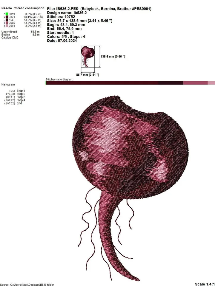 Machine embroidery design – Beetroot, in artistic satin stitch technique