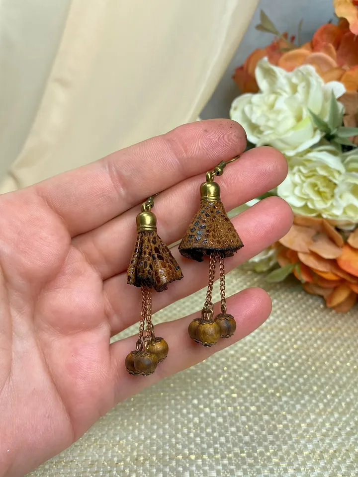 Handmade earrings with wooden beads.