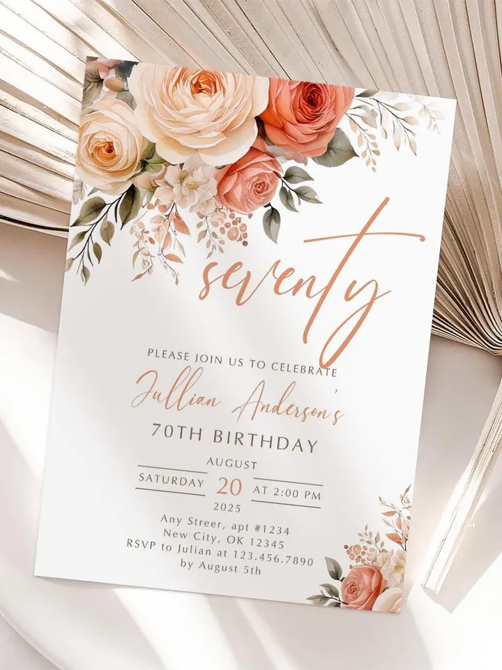 70th Birthday Invitation, Birthday Party Invitations for Women, Floral Birthday Invite for Her, Canva Editable Template, Instant Download