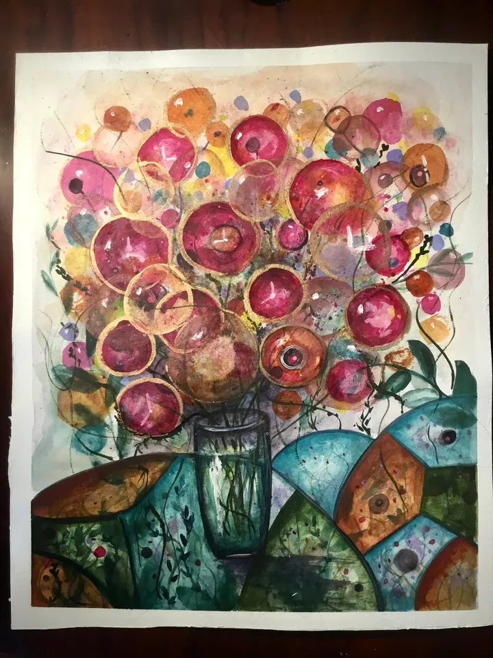 Flowers in a vase fantasy,original watercolor painting,colourful fantasy flowers wall art,home decoration,gift
