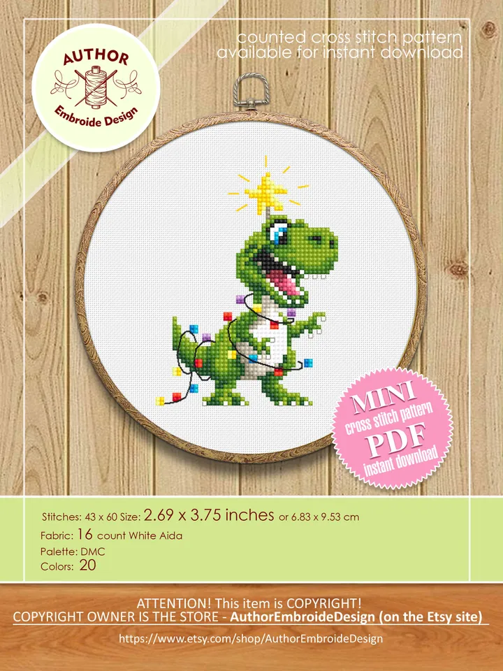 Funny dinosaur christmas cross stitch pattern PDF download, Set of 2 small dinosaur cross stitch chart, Cute dino pattern digital PDF #N112