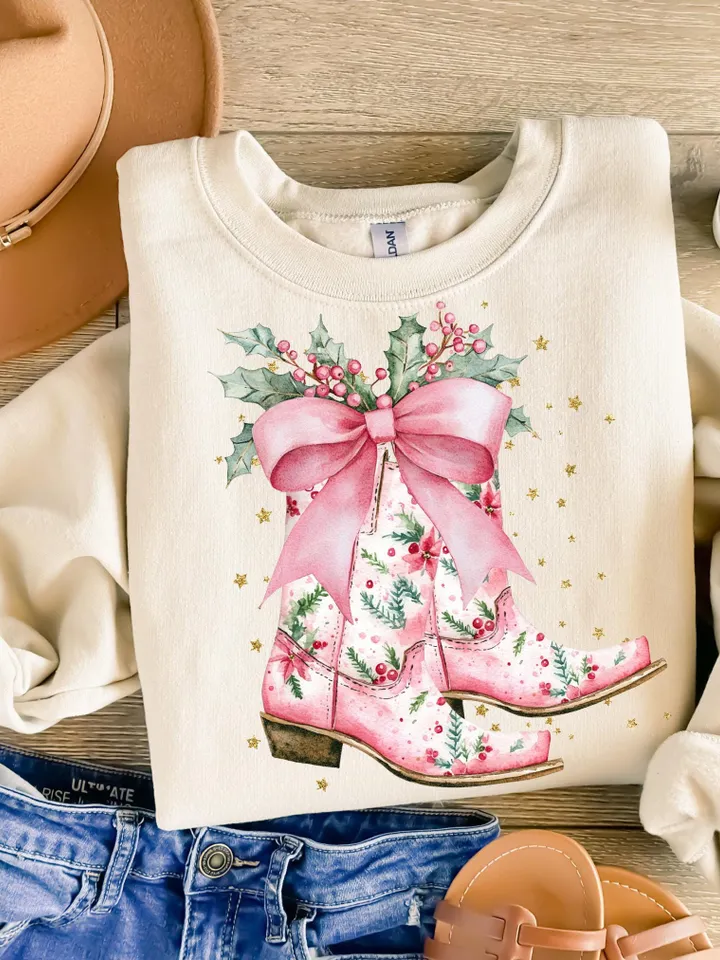 Howdy Christmas PNG Bundle Coquette Bow Western Cowgirl Cowboy Christmas Tree Cookies Presents Girly Trendy Shirt Designs Sublimation