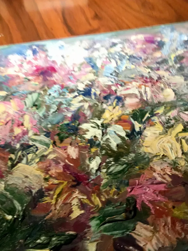 Semi - Abstract pink and yellow flower garden,original impressionistic oil painting on small canvas,unique art gift,home decoration