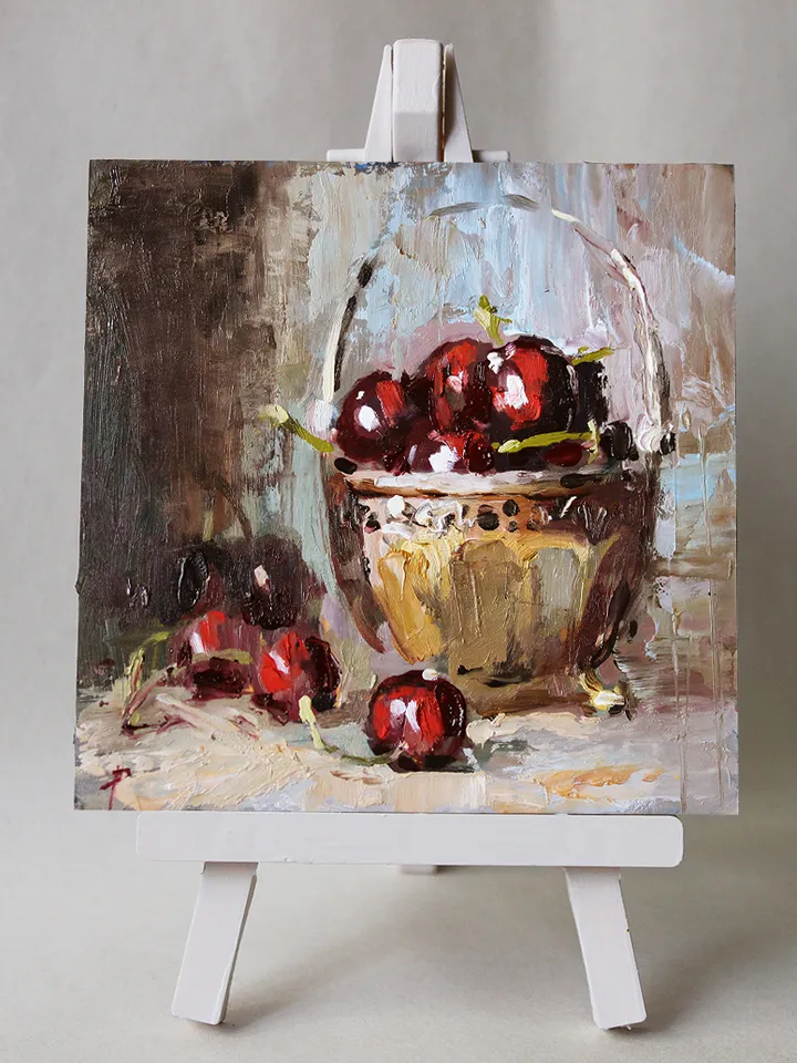 Sweet cherry. Oil painting on cardboard.