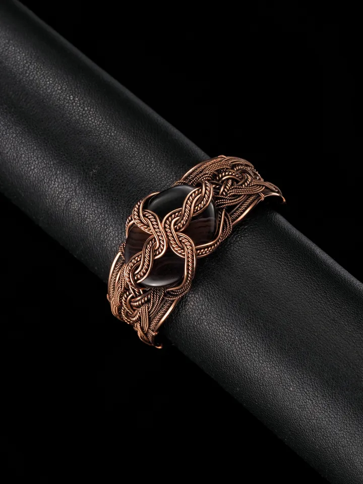 Copper wire wrapped agate bracelet Unique woven copper wire bangle Small size