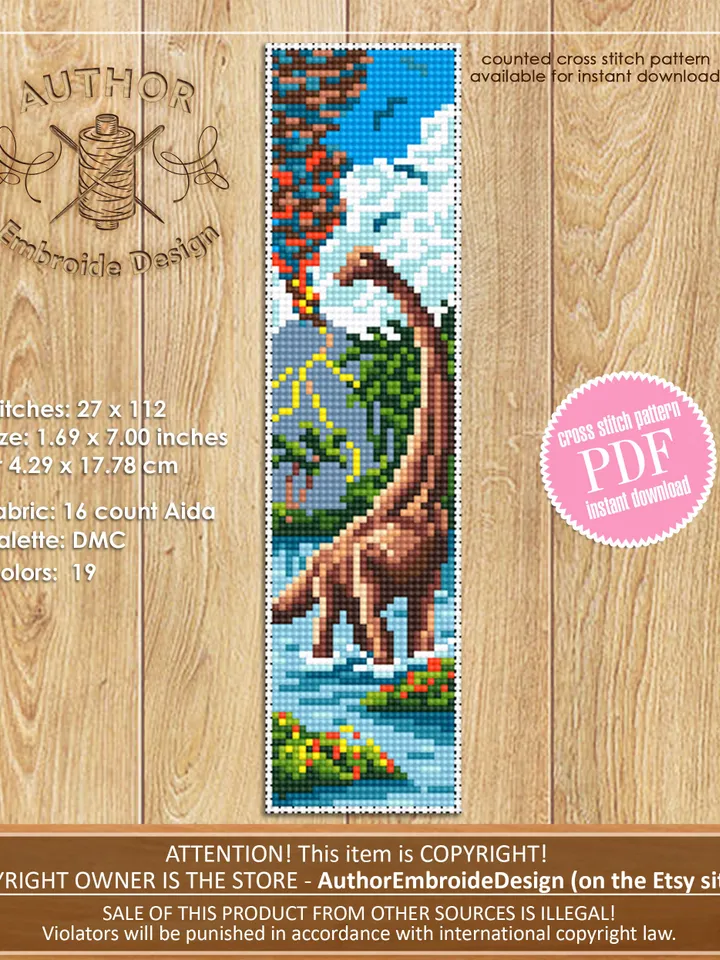Bookmark cross stitch pattern download PDF Modern handmade bookmark digital PDF Dinosaur cross stitch chart, Nature lover gift, Volcano #B74