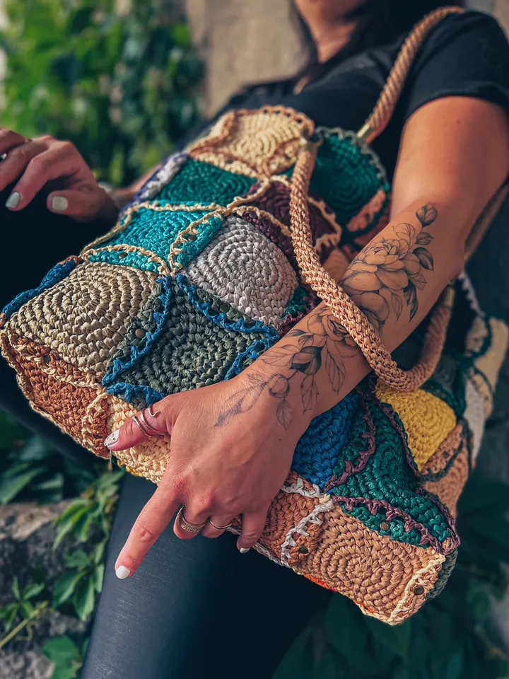 Crochet pattern big bag with raffia PDF digital instant download, tote, market bag, pouch, farmer bag
