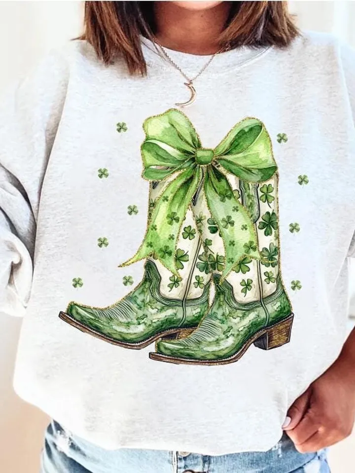 St. Patricks Day PNG Western Coastal Cowgirl PNG Clipart, Green Coquette Bow Cowboy Boots png Gold Glitter Shamrock Four Leaf Clover Design