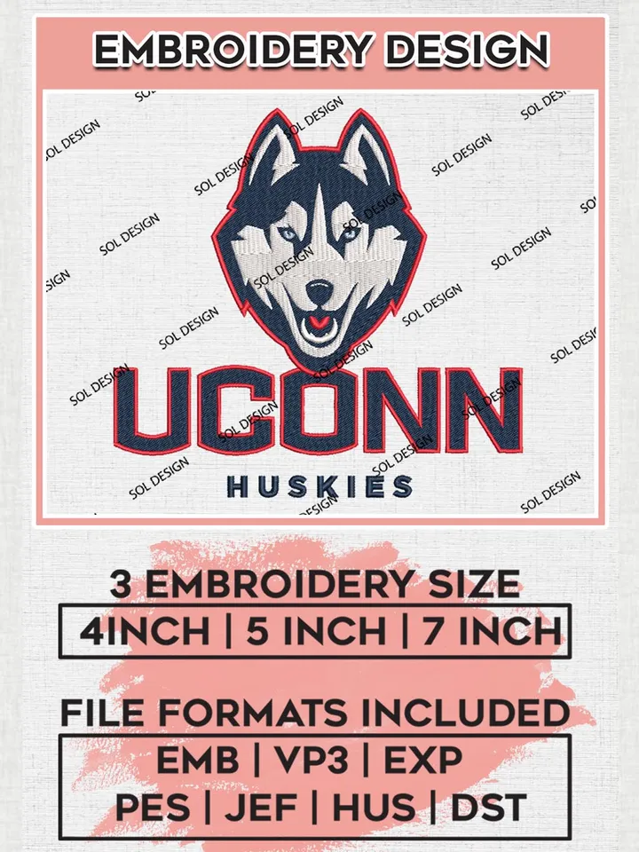 UConn Huskies Mascot Logo Machine Embroidery Design, NCAA UConn Huskies Embroidery Design Design files, NCAA Team Embroidery Designs, NCAA Machine Embroidery Designs, Digital Download