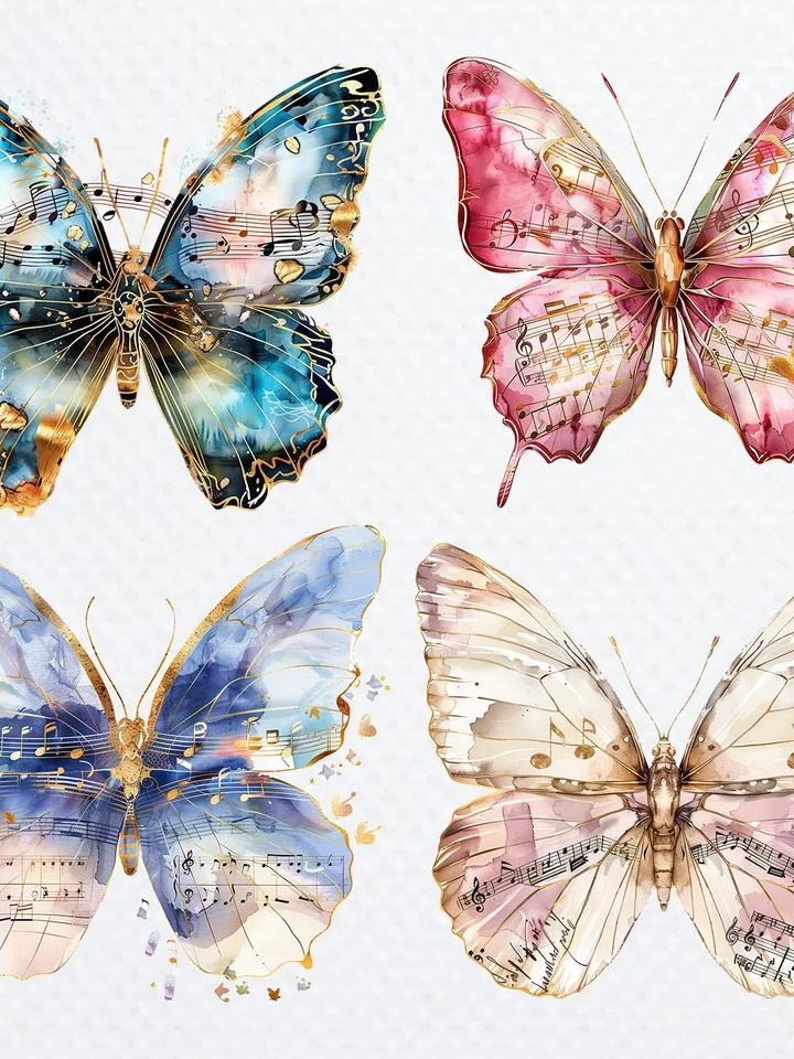 12 PNG Butterfly Music Notes Clipart Bundle, Butterfly Wall Print, Printable Watercolor Butterfly for sublimation, Paper craft, junk journal