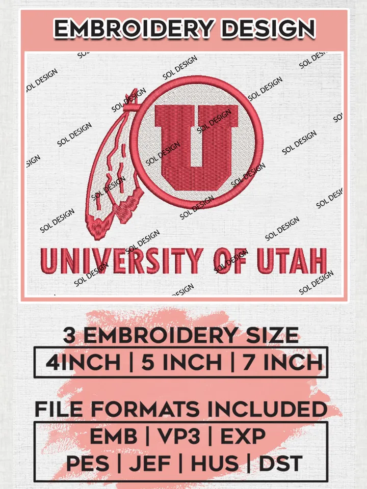 NCAA Utah Uni.versity Team Logo Embroidery Design Files, NCAA Utah Utes Machine Embroidery, NCAA Teams, 3 sizes, NCAA Machine embroidery designs, Digital Download