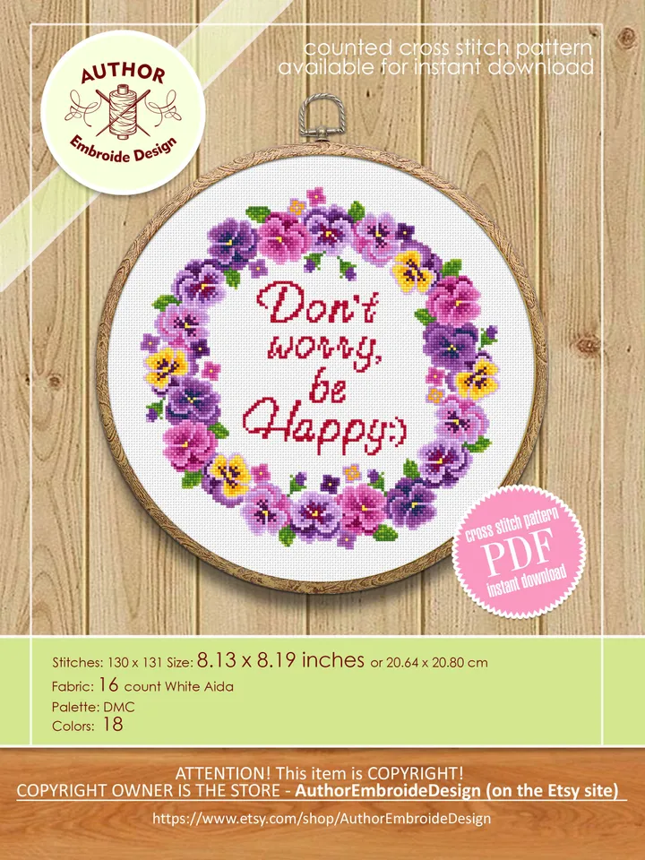 Framed quote cross stitch pattern PDF download Dont worry be happy, Flower wreath cross stitch chart, Floral frame cross stitch, Violet #Q32