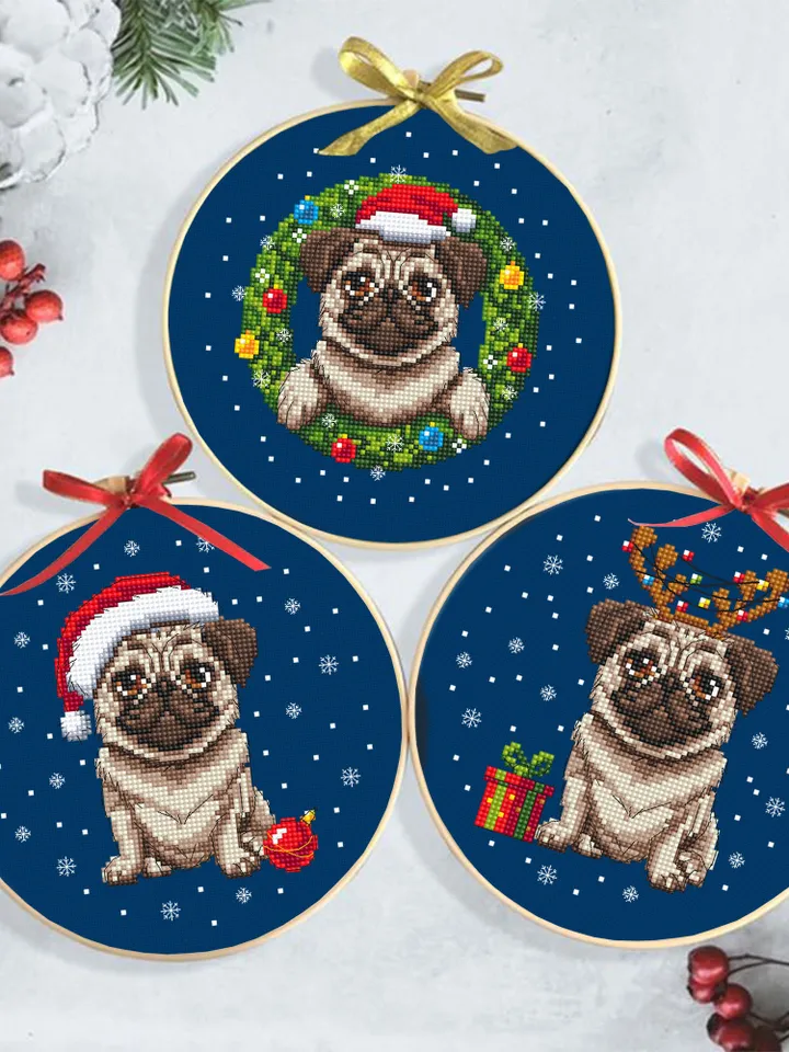 Christmas pug dog cross stitch pattern PDF download Set Pug christmas cross stitch chart, Christmas dog embroidery PDF, Dog lover gift #N104
