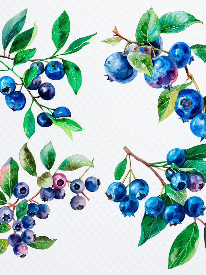 16 Blueberry PNG Clipart, Printable Watercolor Blueberry for sublimation, Blueberry Stem Print, Digital download, Paper craft, junk journals