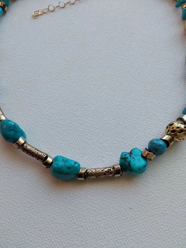 Choker, necklace, beads made of turquoise, volcanic lava, tinted in antique gold colorand, gilded hematite. Length 42-50cm