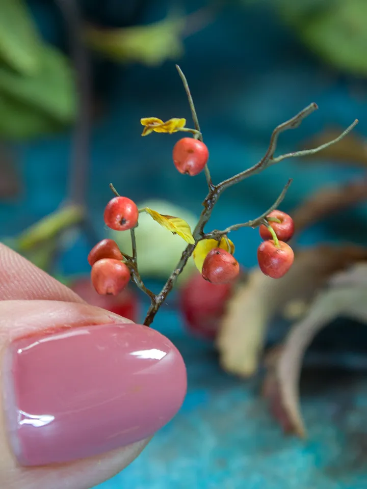 TUTORIAL Miniature wild apples on a branch made of polymer clay and air dry clay