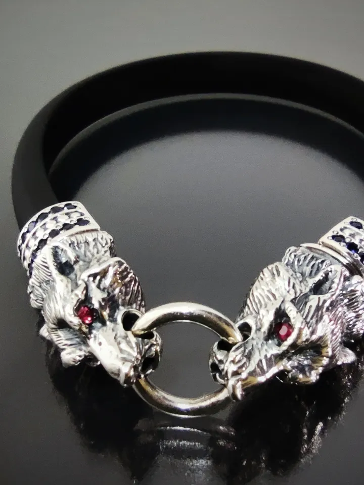 Luxurious bracelet Wolves - inlaid with natural sapphires, rubies