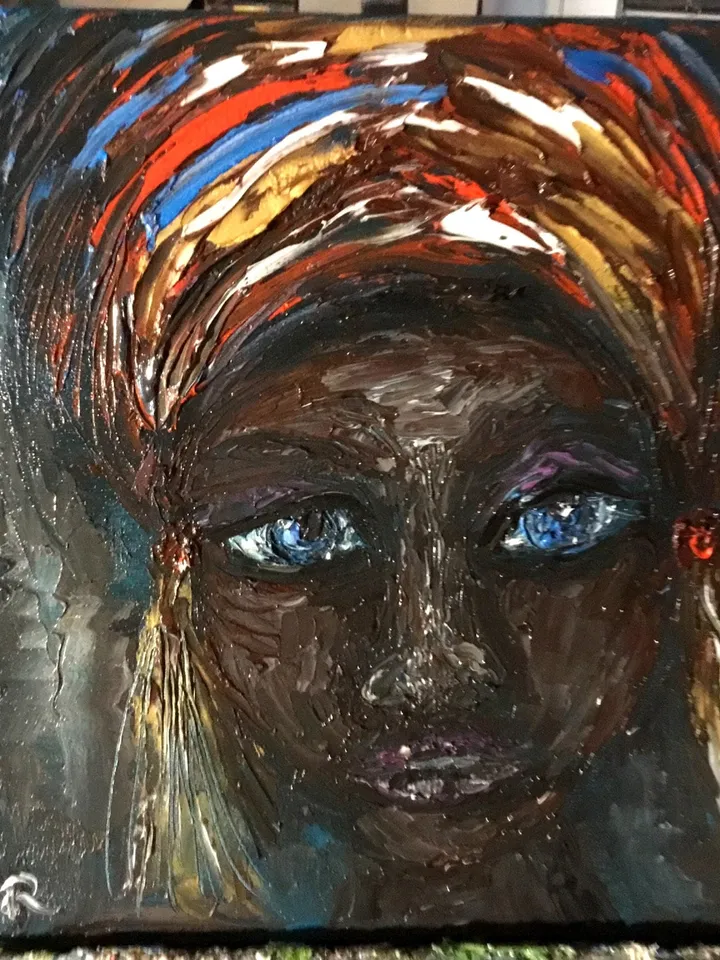 African girl original oil painting on stretched canvas,woman in a headscarf with earrings,,small gift,home decoration.