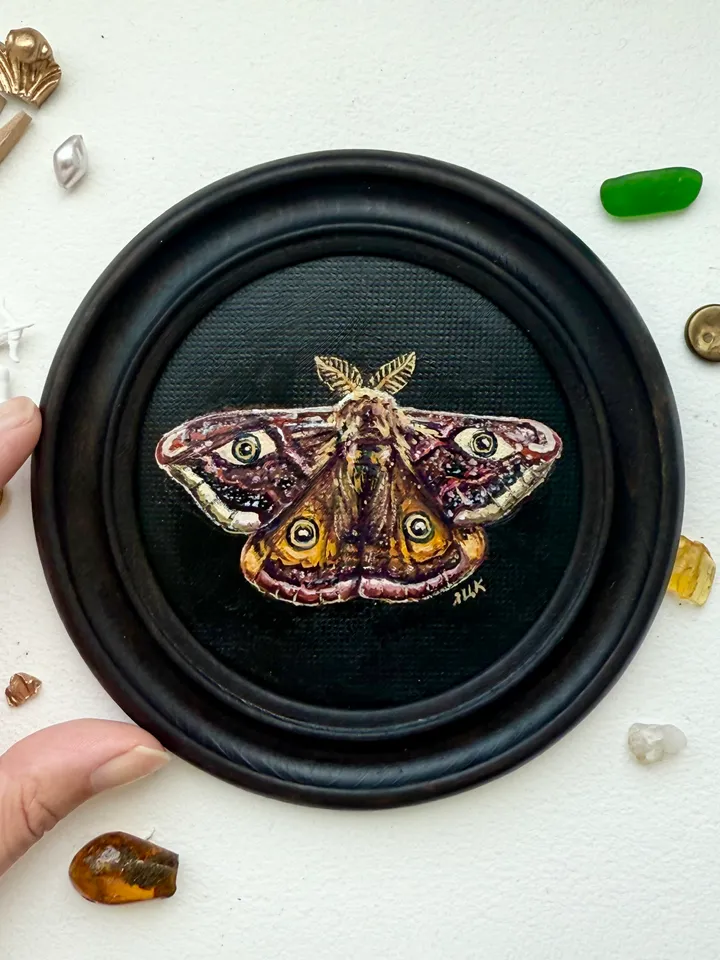 Moth Painting Original Gold Frame Art Round Oil Painting Small Dark Academia Original Painting Dark Framed