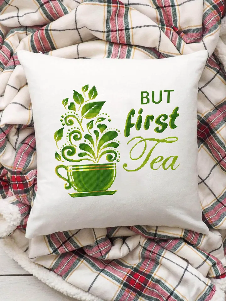 Herbal tea cup cross stitch pattern But first tea Instant download PDF, Tea quote cross stitch chart, Modern tea sampler, Tea lover gift #Q9