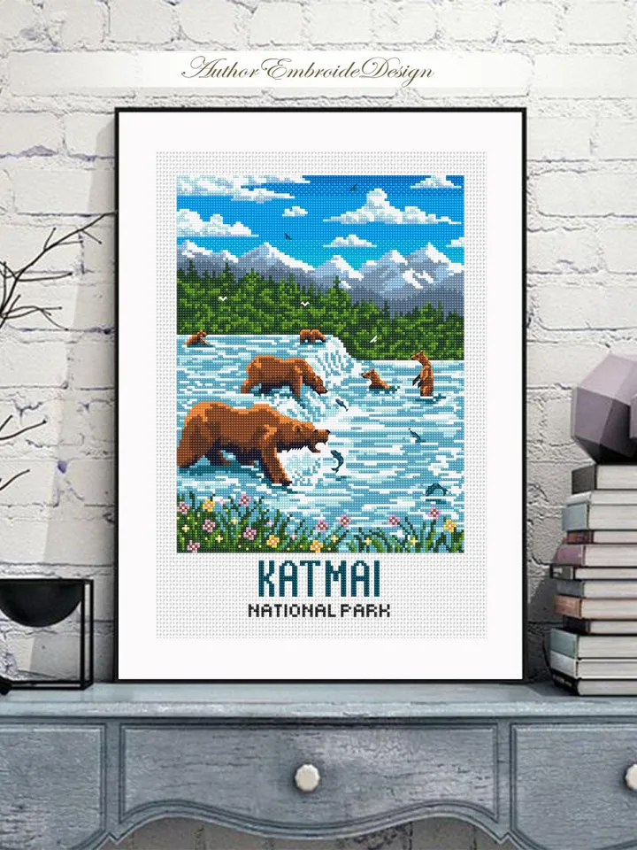Katmai national park cross stitch pattern PDF download Travel poster cross stitch Bears catch fish Brooks falls in Alaska Bear fishing #L101
