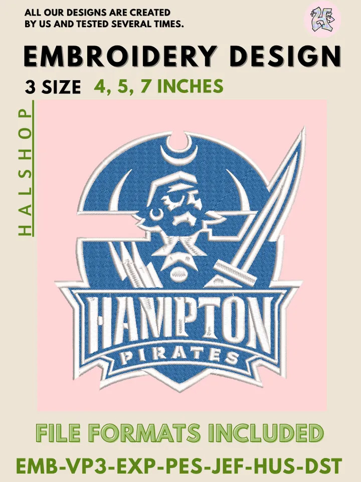 Hampton Pirates NCAA Team Funny Mascot Logo Embroidery Design Files – College Sports Machine Embroidery, 3 Sizes, Digital Instant Download