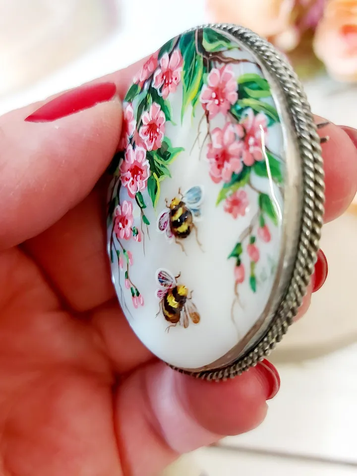 Brooches for women: Pink Wild Roses and Bees Brooch, wonderful hand painted shell pins, handmade paintings on mother of pearl pin for dress