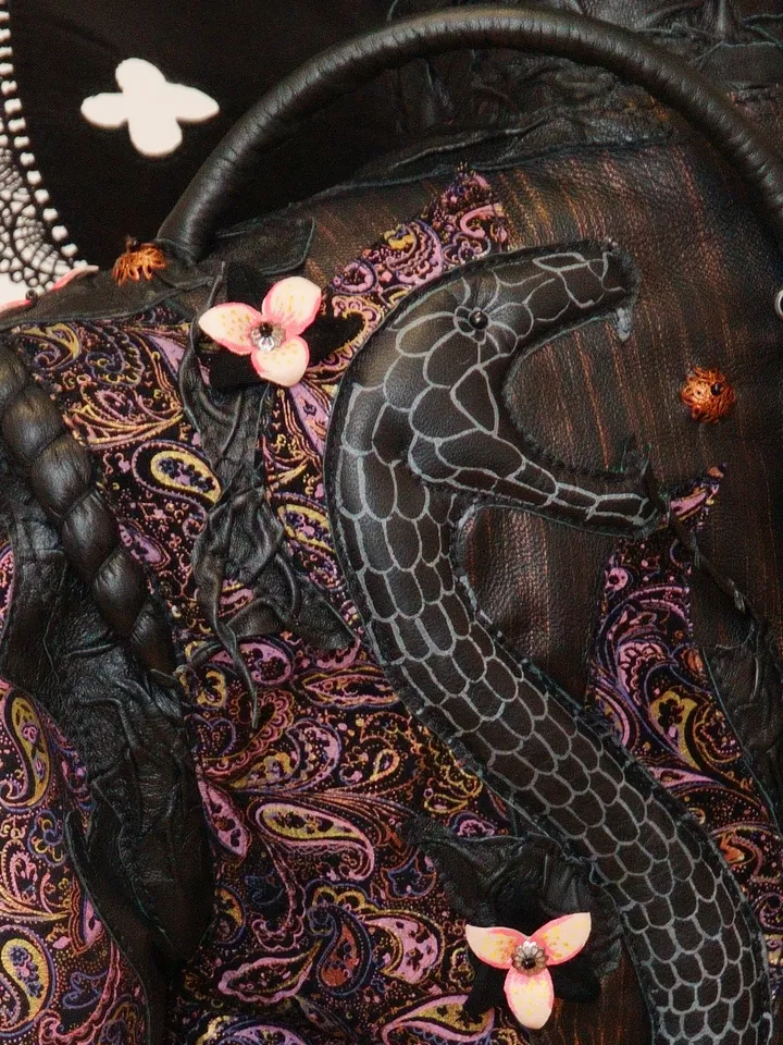 Genuine leather women's jacket bracelets, wide collar "Nagi" by Sofalee. Handmade exclusive coat purple black.