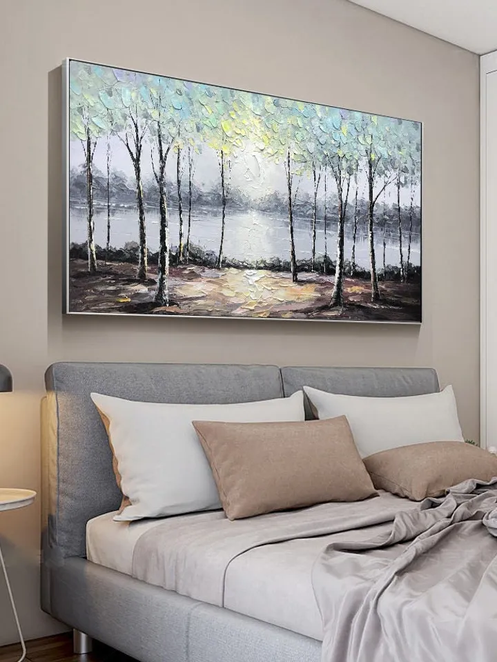 Large original oil painting on canvas,abstract art,riverside scenery,lake, trees,landscape,forest,nature,living room painting,large wall art