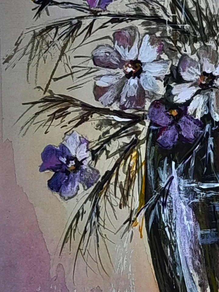 Watercolor drawing of lilac pink flowers in a vase 21x30 cm (8.3 х 11,7 inches)