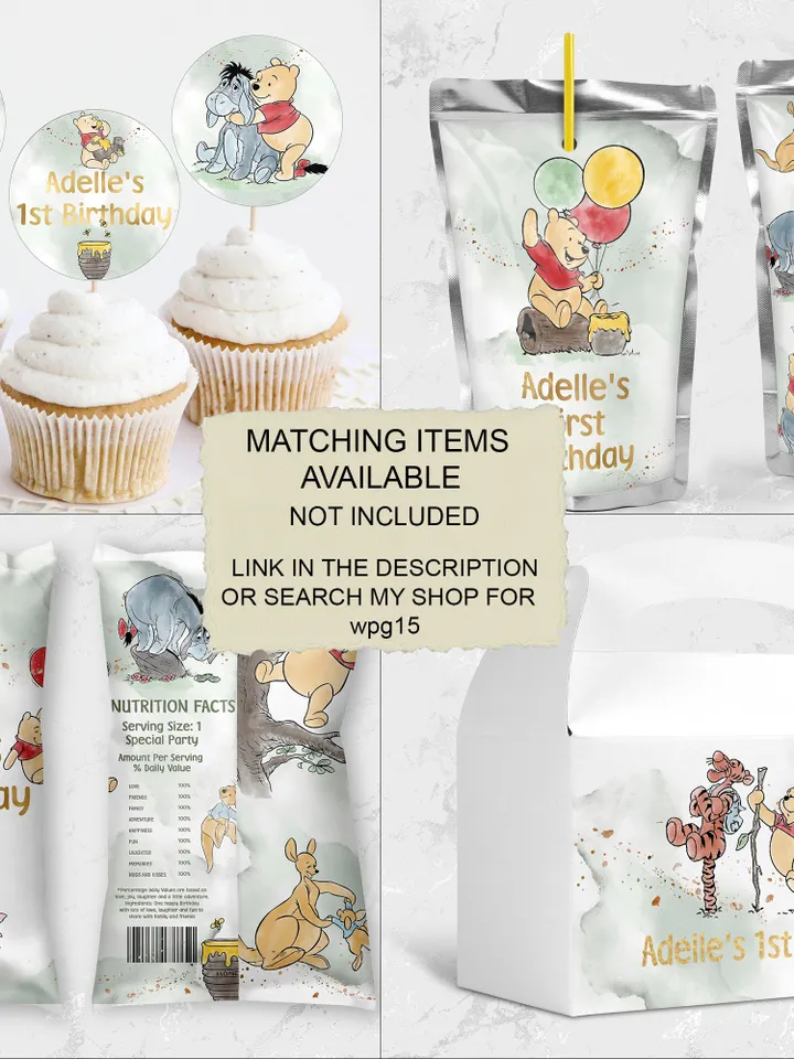PhotoFrame Board Winnie the Pooh Birthday Party; Winnie Pooh 1st Birthday Editable Photo frame Banner Birthday Party Decoration Winnie Wpg15