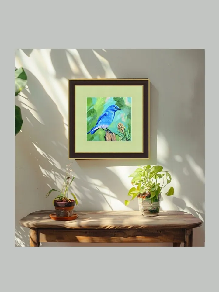 Original Oil Painting Blue Bird in a Serene Natural Artwork