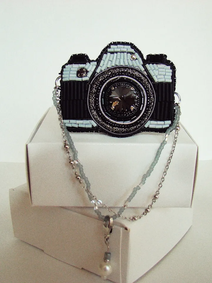 Brooch Camera, beaded brooch, embroidered brooch, handmade design, custom brooch, cute brooch